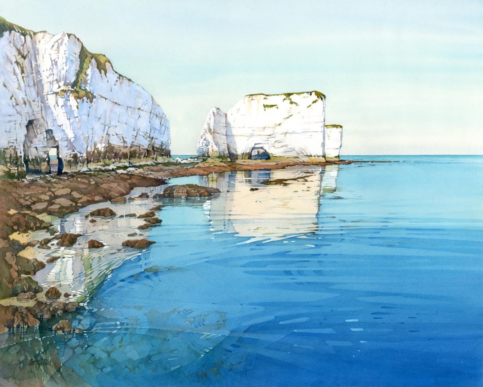 Painting of chalk cliffs and blue water